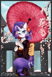 Size: 3543x5175 | Tagged: safe, artist:pridark, rarity, pony, g4, bipedal, bira kanzashi, cherry blossoms, female, geisha, japan, kimono (clothing), solo, tsumami kanzashi, umbrella, wagasa
