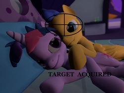 Size: 1024x768 | Tagged: safe, artist:pika-robo, flash sentry, twilight sparkle, pegasus, pony, g4, 3d, bed, crosshair, cuddling, drama, female, gmod, male, mare, pillow, ship:flashlight, shipping, snuggling, twibrad drama