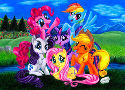 Size: 2280x1646 | Tagged: safe, artist:xx-syaoran-kun-xx, applejack, fluttershy, pinkie pie, rainbow dash, rarity, twilight sparkle, g4, mane six, mane six opening poses, pencil, pencil drawing, traditional art