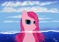 Size: 2000x1429 | Tagged: safe, artist:eccentric bloodstone, pinkie pie, g4, bubble, female, mare, ocean, signature, solo, surreal, swimming, underwater, water