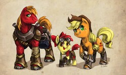 Size: 1500x891 | Tagged: safe, artist:audrarius, apple bloom, applejack, big macintosh, earth pony, pony, g4, apple siblings, apron, armor, clothes, goggles, hammer, horseshoes, male, saddle bag, stallion, steampunk