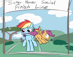Size: 1011x790 | Tagged: safe, artist:whatsapokemon, rainbow dash, scootaloo, pegasus, pony, g4, sisterhooves social, butt, carrying, duo, female, filly, hilarious in hindsight, mare, mouth hold, plot, race, scene interpretation, tail pull