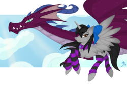 Size: 1706x1208 | Tagged: safe, artist:falleninthedark, oc, oc only, alicorn, dragon, pony, alicorn oc, clothes, socks, striped socks