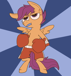 Size: 1090x1168 | Tagged: safe, artist:comickit, scootaloo, pony, g4, bipedal, boxing, boxing gloves, clothes, female, mouth guard, shorts, solo