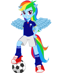 Size: 668x797 | Tagged: safe, artist:sea contact, rainbow dash, equestria girls, g4, ball, eared humanization, extra ear, female, football, four ears, humanized, pixiv, ponied up, solo, tailed humanization, winged humanization