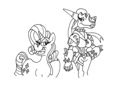 Size: 1024x745 | Tagged: safe, artist:dragonboi471, rarity, dragon, unicorn, g4, crossover, dragoness, female, fluffy(character), horn, monochrome, ty the tasmanian tiger