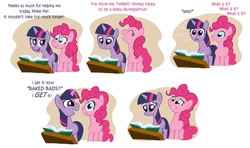 Size: 1995x1185 | Tagged: safe, artist:shuffle001, pinkie pie, twilight sparkle, earth pony, pony, unicorn, g4, baked bads, book, comic, delayed reaction, hilarious in hindsight, realization, slow, unicorn twilight