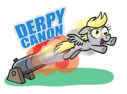 Size: 1200x895 | Tagged: safe, artist:shuffle001, derpy hooves, pegasus, pony, g4, cannon, canon, female, mare, pony cannonball, pun, solo