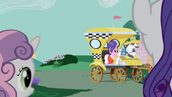 Size: 1920x1080 | Tagged: safe, screencap, cookie crumbles, hondo flanks, rarity, sweetie belle, g4, sisterhooves social, animation error, no tail, rarity's parents, ship:cookieflanks, taxi