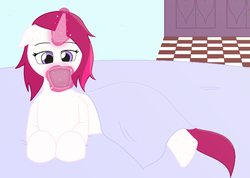 Size: 958x681 | Tagged: safe, artist:voltrathelively, oc, oc only, pony, unicorn, bed mane, blanket, cup, magic, solo