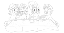 Size: 3000x1565 | Tagged: safe, artist:shelltoon, oc, oc only, oc:golden hearth, oc:kneaded rubber, oc:lemontwist, oc:succy, grayscale, monochrome, tea, tea party, teacup, teapot