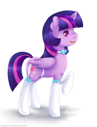 Size: 1024x1338 | Tagged: dead source, safe, artist:blacky-moon, twilight sparkle, alicorn, pony, g4, bow, clothes, cute, female, mare, open mouth, open smile, raised hoof, side view, simple background, smiling, solo, stockings, twiabetes, twilight sparkle (alicorn), white background