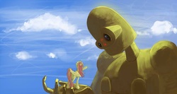 Size: 1050x560 | Tagged: safe, artist:hiponov, fluttershy, robot, g4, laputa: castle in the sky, studio ghibli