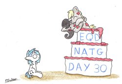 Size: 1024x709 | Tagged: safe, artist:bobthedalek, dj pon-3, vinyl scratch, oc, oc:mixed melody, oc:octavia's father, oc:octavia's mother, oc:ostinato melody, earth pony, pony, unicorn, equestria daily, g4, cake, female, frosting, kissing, male, newbie artist training grounds, passion, popping out of a cake, signature, this will end in therapy, thousand yard stare, wide eyes