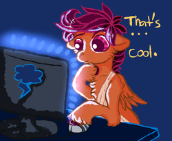 Size: 1300x1067 | Tagged: safe, artist:coppahhead, scootaloo, ask ftm scootaloo, g4, ask, breast binding, computer, hooves, male, solo, trans male, trans stallion scootaloo, transgender, tumblr, unshorn fetlocks