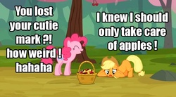 Size: 632x348 | Tagged: safe, applejack, pinkie pie, g4, animation error, cherry, cutie mark, error, image macro, laughing, sad