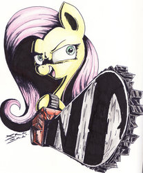 Size: 1024x1238 | Tagged: safe, artist:skaska, fluttershy, pony, .mov, shed.mov, g4, chainsaw, female, fluttershed, insanity, solo