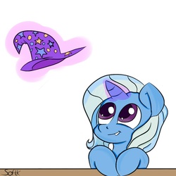 Size: 894x894 | Tagged: safe, artist:softkityonfire, trixie, pony, unicorn, g4, female, filly, flying, hat, mare, solo