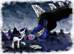 Size: 2293x1673 | Tagged: safe, artist:saturdaymorningproj, idw, rarity, spike, g4, armor, comics, corrupted, crying, fire ruby, nightmare spike, role reversal, slasher smile, spikeseid