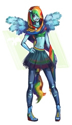 Size: 885x1532 | Tagged: safe, artist:rinaromu, rainbow dash, human, g4, clothes, eared humanization, female, humanized, pony coloring, skirt, solo, stockings, winged humanization, wings