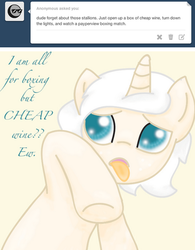 Size: 444x570 | Tagged: safe, oc, oc only, oc:ivory lace, pony, unicorn, alcohol, ask, solo, tumblr, wine