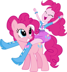Size: 3460x3717 | Tagged: safe, artist:vector-brony, pinkie pie, earth pony, human, pony, equestria girls, g4, balloon, boots, bracelet, clothes, cute, duo, eyes closed, female, high heel boots, horse riding, human ponidox, humans riding ponies, jewelry, mare, open mouth, riding, riding a pony, self ponidox, self riding, simple background, skirt, smiling, square crossover, transparent background, vector