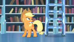 Size: 1023x575 | Tagged: safe, screencap, applejack, g4, the crystal empire, faic, female, ladder, library, solo