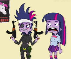 Size: 600x500 | Tagged: safe, artist:hellarmy, twilight sparkle, equestria girls, g4, it's about time, ak-47, bandage, dual wield, eyepatch, future twilight, gun, no trigger discipline, rifle