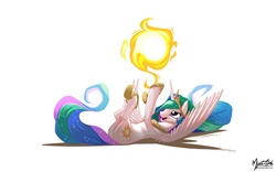 Size: 2560x1600 | Tagged: safe, artist:mysticalpha, princess celestia, alicorn, pony, g4, ball, behaving like a cat, butt, cute, cutelestia, eyes on the prize, female, happy, high res, hoof shoes, hoofy-kicks, jewelry, legs in air, lidded eyes, mare, on back, open mouth, open smile, peytral, playing, plot, signature, simple background, smiling, solo, spread wings, sun, tangible heavenly object, tiara, underhoof, wallpaper, white background, wings