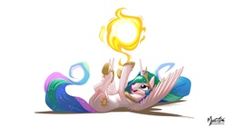 Size: 2560x1440 | Tagged: safe, artist:mysticalpha, princess celestia, alicorn, pony, g4, ball, behaving like a cat, butt, cute, cutelestia, eyes on the prize, female, hoof shoes, jewelry, lidded eyes, mare, on back, open mouth, peytral, playing, plot, signature, simple background, smiling, solo, spread wings, sun, tangible heavenly object, tiara, underhoof, wallpaper, white background, wings