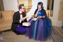 Size: 1080x720 | Tagged: safe, artist:eddric lee photography, artist:kuramachan, artist:staticguru, spike, twilight sparkle, human, g4, book, bowtie, cosplay, glasses, irl, irl human, photo