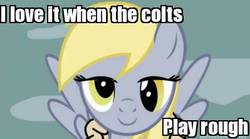 Size: 399x222 | Tagged: safe, derpy hooves, pegasus, pony, g4, bedroom eyes, dirty talk, female, image macro, mare, meme, solo