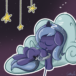 Size: 1200x1200 | Tagged: safe, artist:slitherpon, princess luna, gamer luna, g4, controller, cute, drool, female, filly, sleeping, solo, stars, super nintendo, tangible heavenly object, woona