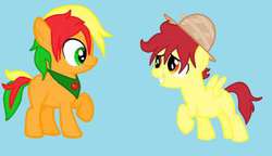 Size: 400x230 | Tagged: safe, artist:unoriginai, oc, oc only, oc:dusty, oc:zapple, magical lesbian spawn, offspring, parent:apple bloom, parent:scootaloo, parents:scootabloom, simple background, twins