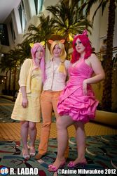 Size: 641x960 | Tagged: safe, artist:angelskiss2007, artist:pepperbots, artist:risana cosplay, applejack, fluttershy, pinkie pie, human, g4, anime milwaukee, cosplay, irl, irl human, photo