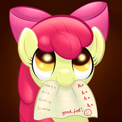 Size: 2000x2000 | Tagged: safe, artist:malwinters, apple bloom, earth pony, pony, g4, a+, female, filly, foal, grades, mouth hold, report card, solo