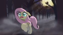 Size: 1600x900 | Tagged: safe, artist:evil-dec0y, fluttershy, pegasus, pony, g4, crepuscular rays, ears back, female, fog, forest, full moon, mare, moon, night, running, scared, solo