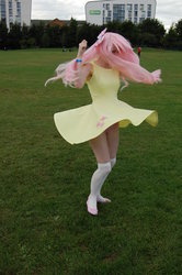 Size: 729x1096 | Tagged: safe, artist:lady-giggles, fluttershy, human, g4, clothes, cosplay, dress, irl, irl human, photo, skirt, solo, spinning, upskirt