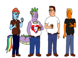 Size: 935x695 | Tagged: safe, artist:aniamalman, rainbow dash, rarity, spike, human, g4, bill dauterive, boomhauer, crossover, dale gribble, hank hill, king of the hill, simple background, transparent background