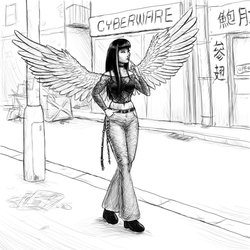 Size: 894x894 | Tagged: safe, artist:zmok, twilight sparkle, human, g4, black and white, clothes, female, fishnet stockings, grayscale, humanized, japanese, shadowrun, solo, street, twilight sparkle (alicorn), winged humanization