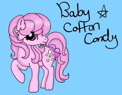 Size: 1024x800 | Tagged: safe, artist:lukamegurinexd, baby cotton candy, pony, g1, baby, baby cottoncandybetes, baby pony, blue background, bow, cute, female, filly, foal, no freckles, signature, simple background, solo, stars, tail, tail bow