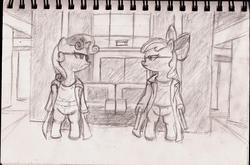 Size: 2030x1343 | Tagged: safe, artist:the_fallen_dragon, apple bloom, sweetie belle, earth pony, pony, unicorn, g4, bipedal, crossover, duo, female, filly, looking at each other, traditional art