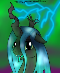 Size: 500x600 | Tagged: source needed, safe, artist:nightydumbbird, queen chrysalis, changeling, changeling queen, g4, female, lightning, portrait, solo