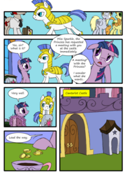 Size: 762x1048 | Tagged: safe, artist:lazingabout94, carrot top, derpy hooves, golden harvest, twilight sparkle, pegasus, pony, g4, comic, female, mare, royal guard