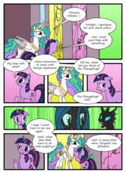 Size: 762x1048 | Tagged: safe, artist:lazingabout94, princess celestia, queen chrysalis, twilight sparkle, changeling, g4, comic