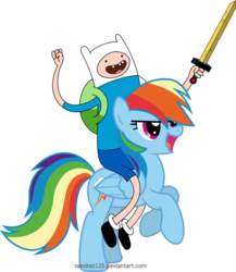 Size: 833x958 | Tagged: safe, artist:sasukex125, rainbow dash, human, pegasus, pony, g4, adventure time, backpack, crossover, female, finn the human, humans riding ponies, male, mare, rearing, riding, simple background, sword, transparent background