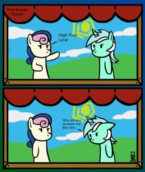 Size: 819x975 | Tagged: safe, artist:mangameister, bon bon, lyra heartstrings, sweetie drops, g4, comic, hand puppet, pony puppet theater, puppet, stage, teasing