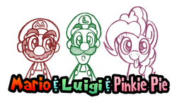 Size: 1166x670 | Tagged: safe, artist:boulderthedragon, pinkie pie, g4, crossover, luigi, male, mario, mario & luigi, super mario bros.