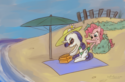 Size: 1920x1259 | Tagged: dead source, safe, artist:naterrang, pinkie pie, rarity, crab, g4, beach, bikini, clothes, glasses, hat, incoming prank, prank, swimsuit, this will end in pain, wedgie