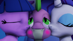 Size: 3840x2160 | Tagged: dead source, safe, artist:udacom, rarity, spike, twilight sparkle, dragon, pony, g4, 3d, bed, blushing, cgi, cheek kiss, female, high res, kiss sandwich, kissing, lucky bastard, male, mare, polyamory, ship:sparity, ship:twisparity, ship:twispike, shipping, source, source filmmaker, spike gets all the mares, spikelove, straight